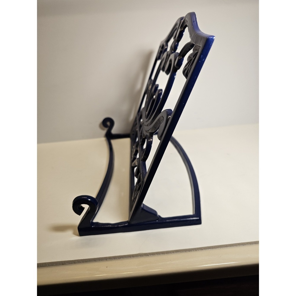 Cobalt Blue Cast Iron Book Holder Display Stand with Scroll - Picture 5 of 5